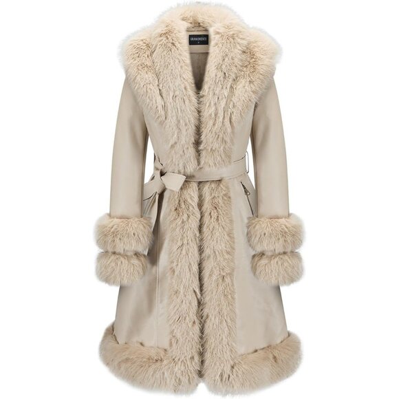 Women's Apricot Long Length Gran Oriente Leather Winter Coat Fur Collar Belted - Picture 1 of 1